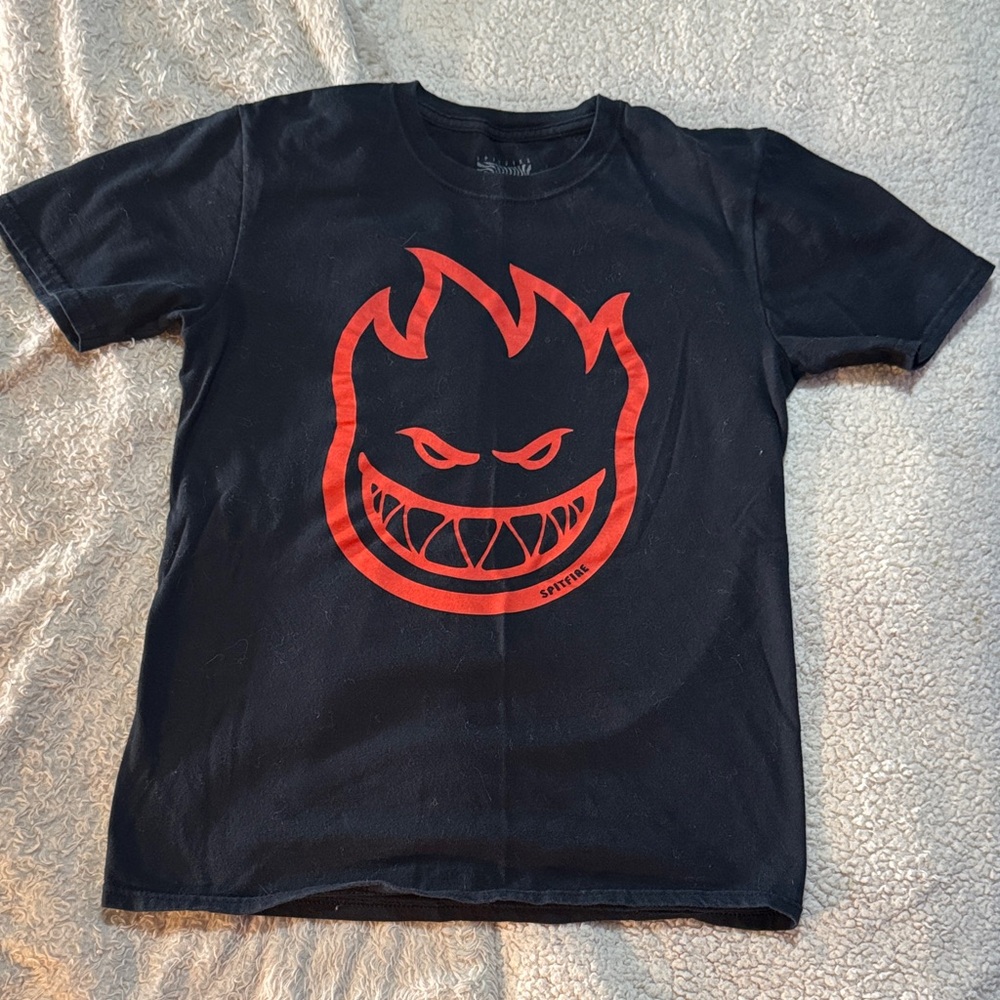 Spitfire Black Tee with Red Flame Face Graphic - Kids